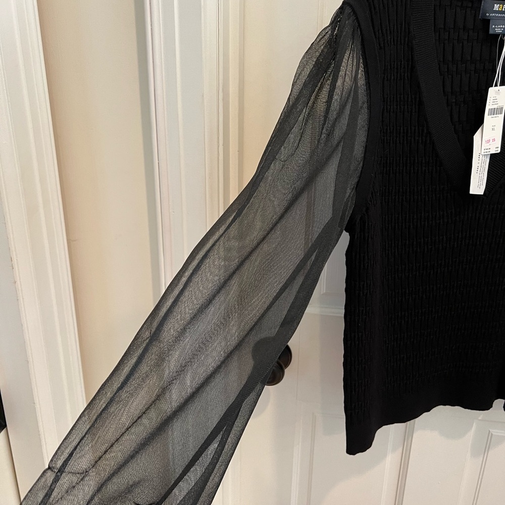 Anthropologie Tops | Maeve Anthropologie Sheer Sleeve Black Top - Picture 4 of 7